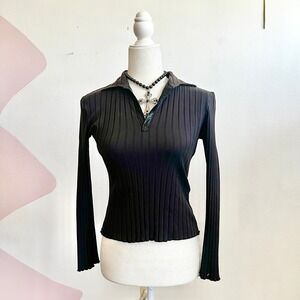 Vintage Black Ribbed Collar Top 2000s Cyber Grunge Minimalist 90s Goth Small